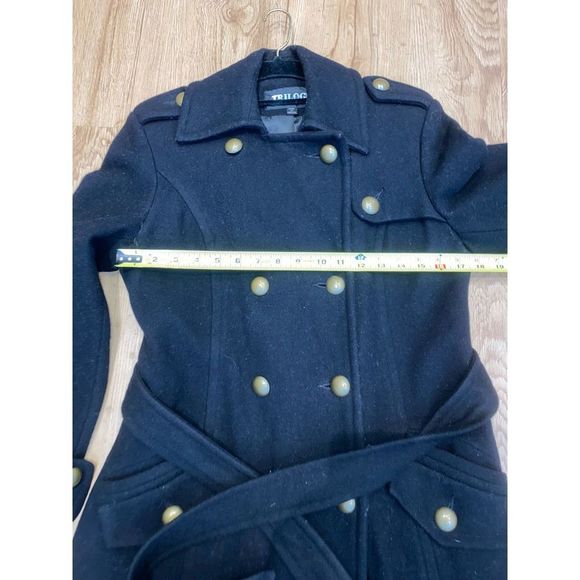 Trilogi Black Wool Blend Womens Belted Mid Length Coat Jacket Button Closure 10 - Picture 3 of 9
